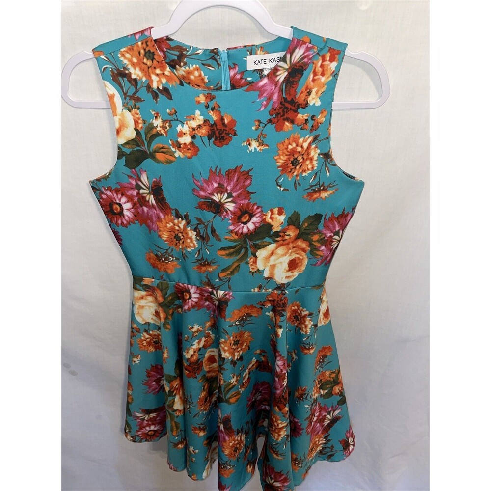 Kate Kasin Girls Sun Dress Size 13-14 Blue Floral Wedding Church Party Flared